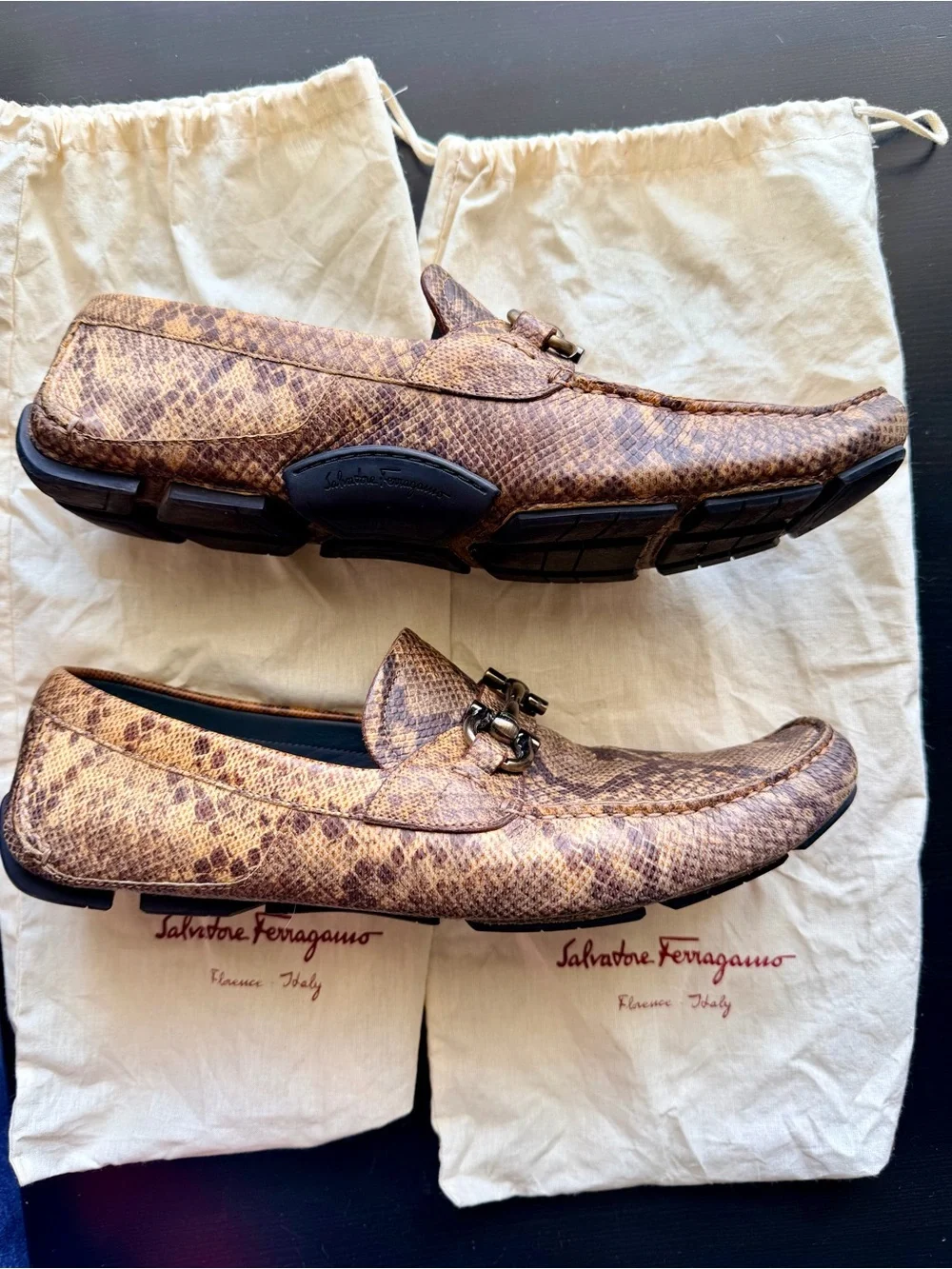 Salvatore Ferragamo Tan/Brown Snake-Print Leather Bit Loafers